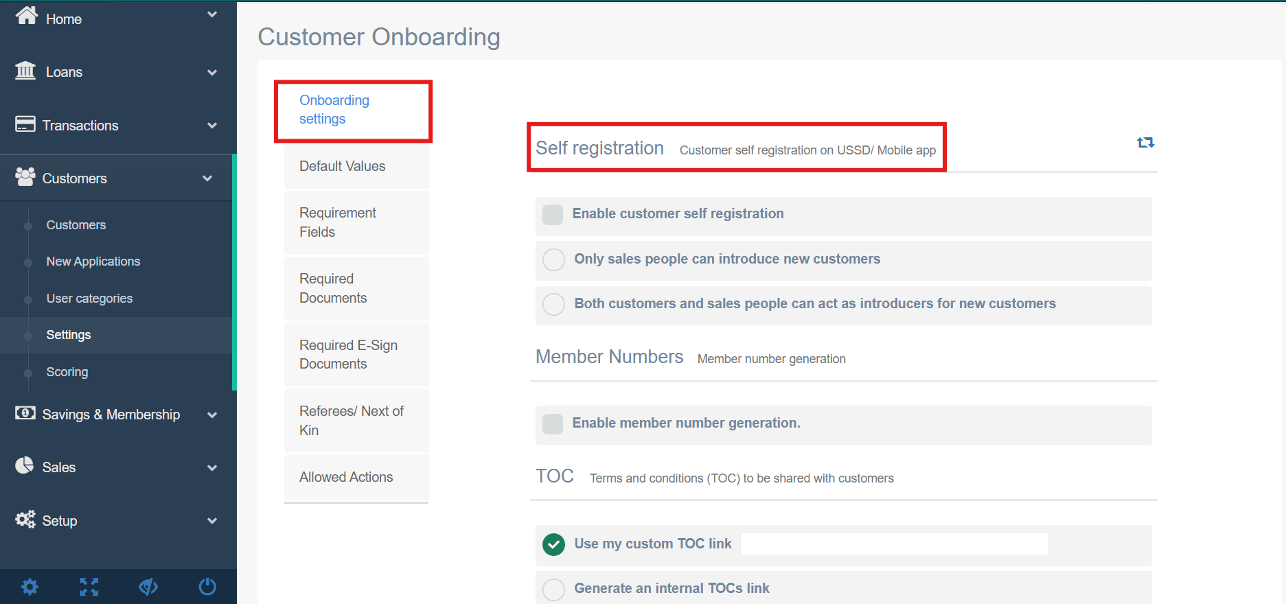 Figure 3.1a Settings for managing customer registration and entry methods for USSD and Mobile platforms.